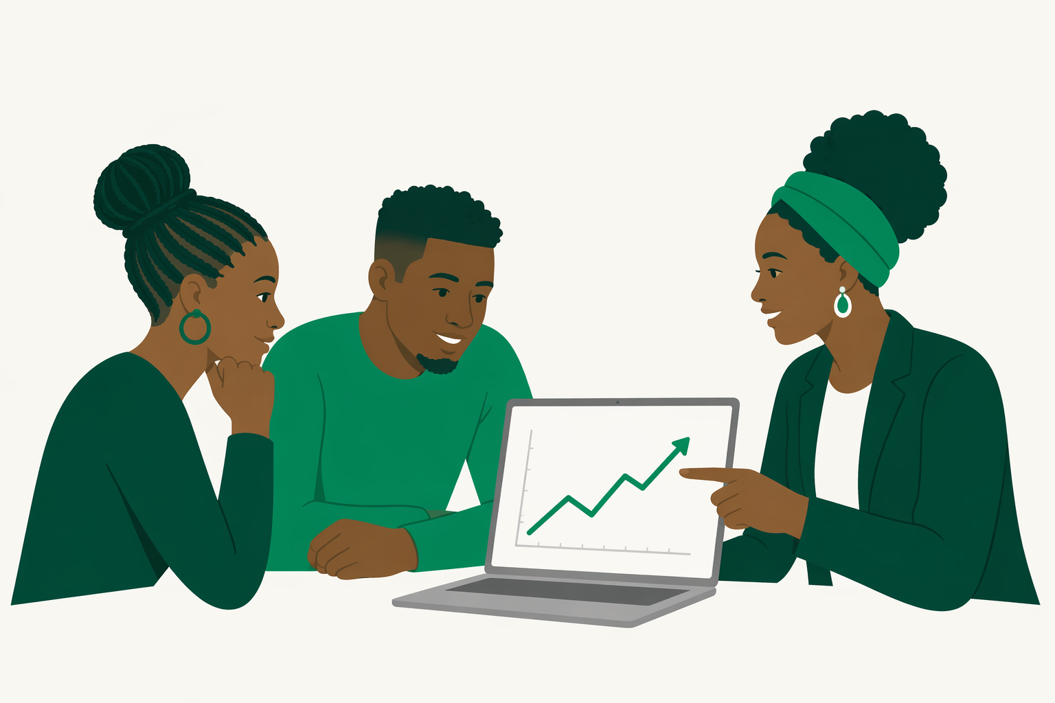 Two beginners in a training session, learning to read an investment chart